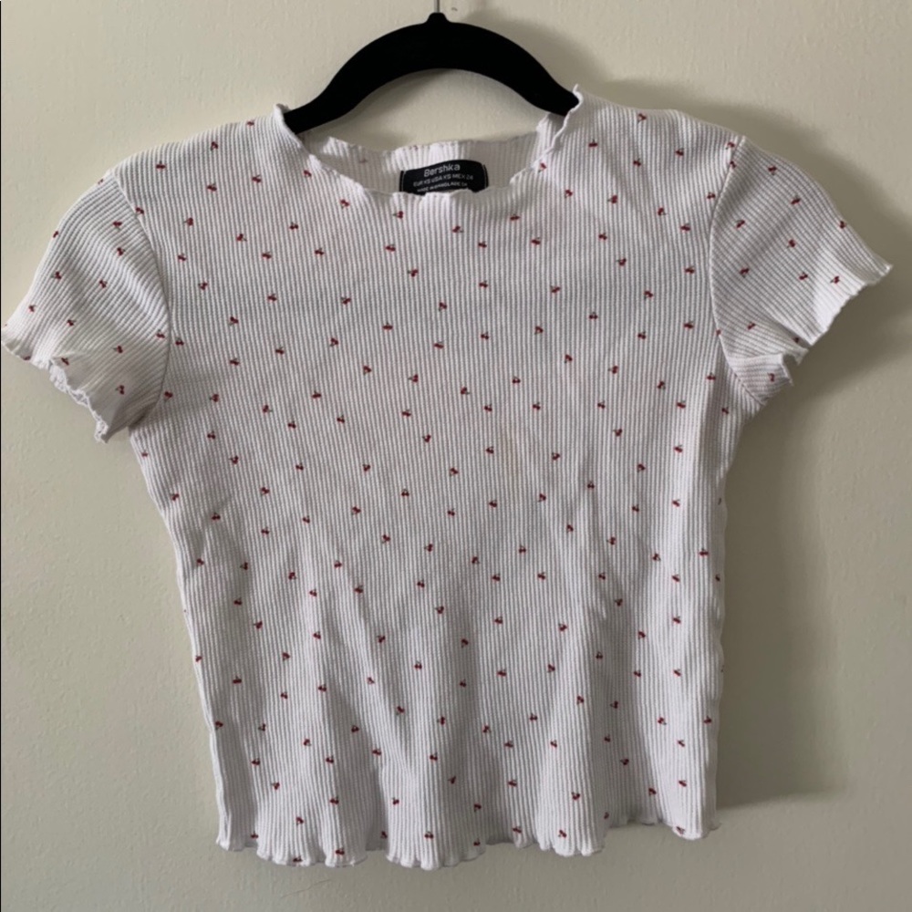 Bershka white cherry print ribbed crop top